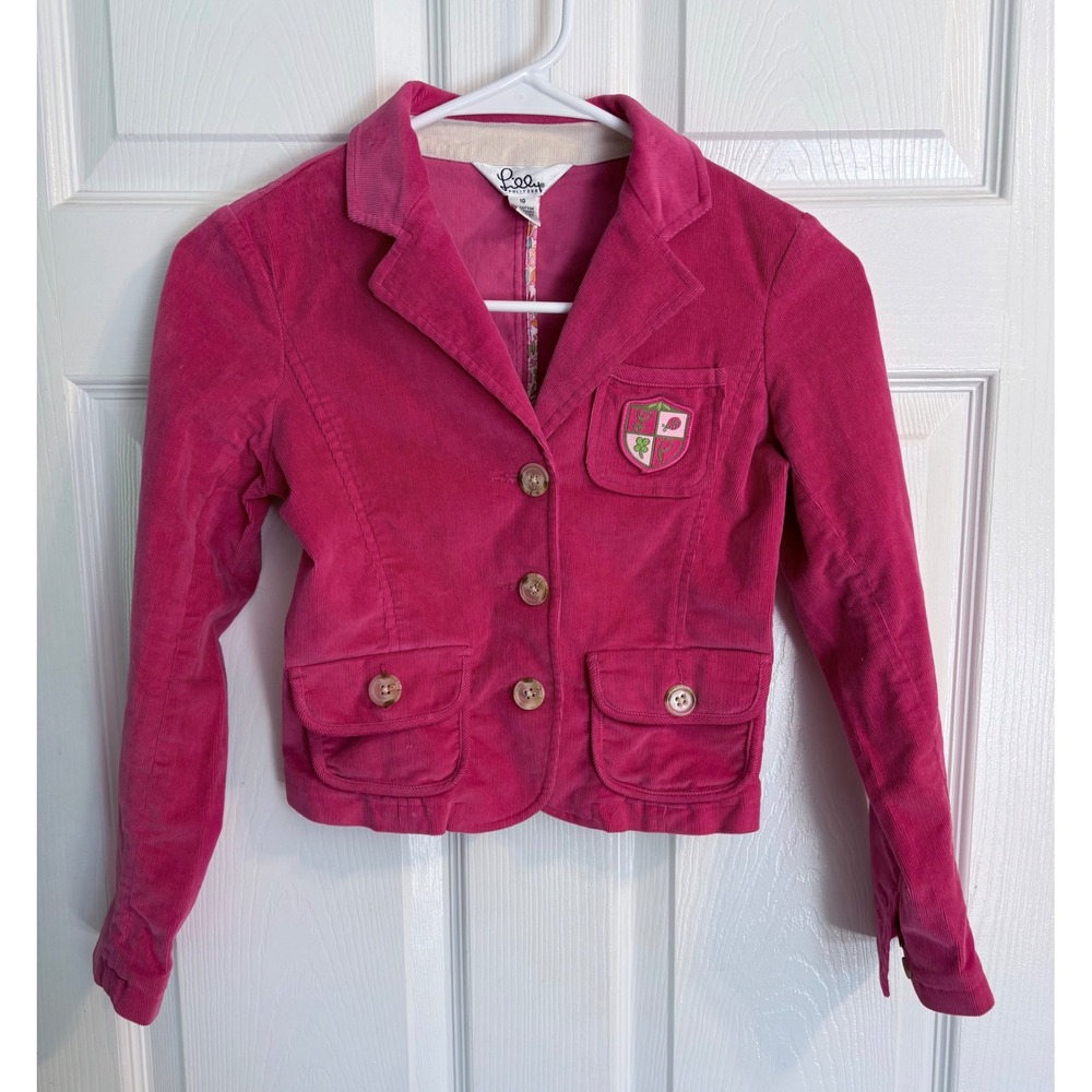 Lilly Pulitzer Blazer Size 10 Pink Corduroy Crest Patch Button Up Jacket
